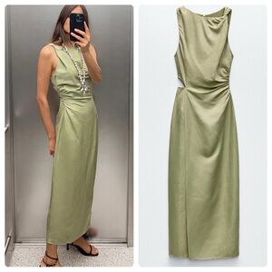 Zara Linen Blend Cut Out Midi Dress Light Green Size Small